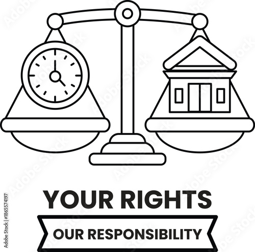 A scale with a clock on one side and a building on the other