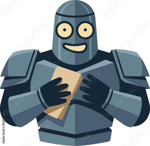 Vector Illustration of a Friendly Grey Knight Robot Character Wearing Heavy Body Armor and Holding a Small Shield