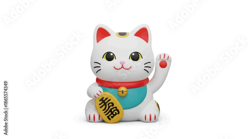 Charming Maneki-neko figurine, a timeless traditional Japanese symbol of luck, wealth, and beckoning prosperity, rendered in a bright 3D style on a clean white background