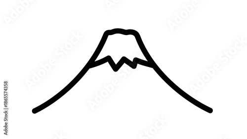 Minimalist black outline drawing of an iconic snow-capped mountain peak, a simple abstract symbol representing nature, travel, and adventure
