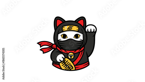 Cute Lucky Cat Ninja Character with Japanese Coin