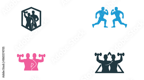 Fitness icons set with weightlifting and running
