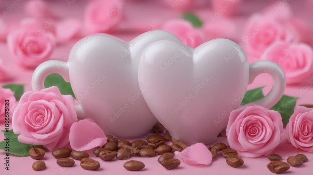 Fototapeta premium Two white heart shaped mugs nestle among pink roses and scattered coffee beans on a soft pink background, creating a sweet romantic scene ideal for love, cafes, or Valentine promotions.