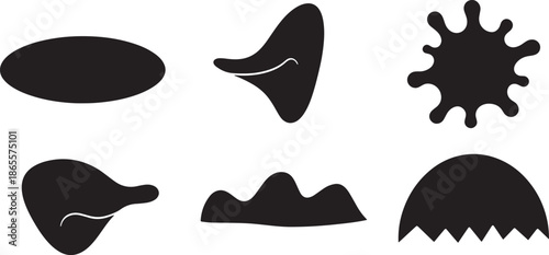 Various black shapes on white background