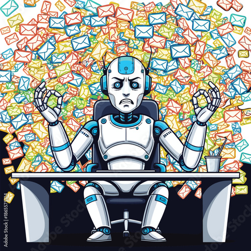 Vector Illustration of a Stressed Robot at a Desk Overwhelmed by a Massive Pile of Incoming Email Envelopes
