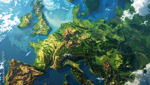 Bird's-eye view of lush, detailed European continent