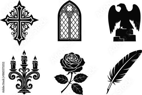 Gothic icons, romantic silhouettes, cross, stained glass, eagle, candelabra, rose, feather quill, black vector, historic art, mystery