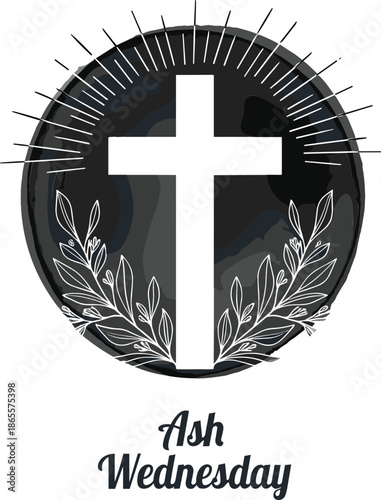 Ash Wednesday religious vector featuring a white cross on a dark textured circle with radiating lines and leaves.