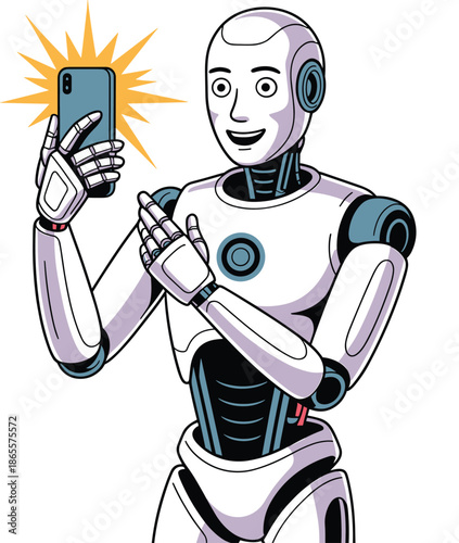 Vector Illustration of a Happy Humanoid Robot Character Taking a Selfie with a Smartphone for Modern Technology Concept