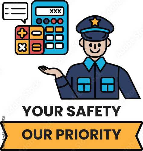 A man in a uniform is holding a calculator and smiling