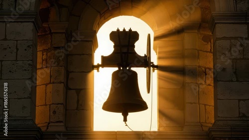 Silhouette of a large church bell ringing in an arched belfry with sun rays