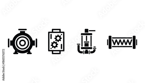 Water pump equipment industry line vector icon set for engineering machine and motor tool