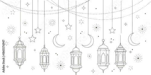 Detailed Islamic line art border featuring hanging traditional lanterns crescent moons stars and festive starbursts on white background.