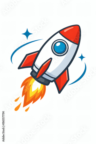 A cartoon rocketship launches with red and white accents, fire erupting below, and stars and curved lines adding a sense of adventure to the cosmos.