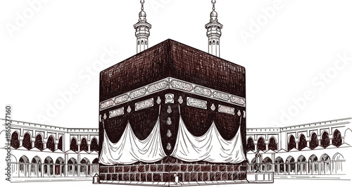 Detailed hand-drawn vector sketch of the Kaaba in Mecca featuring textured Kiswah gold calligraphy and surrounding arched colonnades.