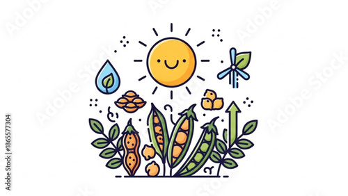 Green Pea Plant Growing with Sun and Water Drops, Eco Friendly Concept