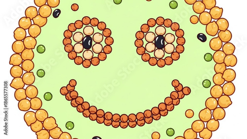 Smiley Face Made of Fruits and Vegetables on Green Background