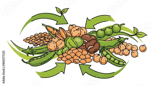 Fresh Vegetables and Legumes Illustration with Green Arrows on White Background