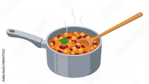 Steaming Hot Chili in Gray Pot with Wooden Spoon Isolated on White