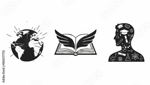 Illustration of global innovation and knowledge with robotic profile and open book