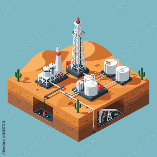 Isometric illustration of an oil and gas industry facility in a desert landscape with drilling rig, refinery, and storage tanks.