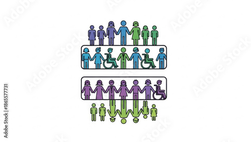 Diverse Group of People with Disabilities Standing Together in Unity, Isolated on White Background, Vector Illustration