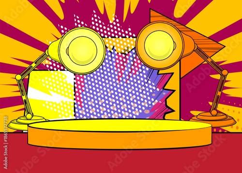 Comic Book Product podium stage for mockup presentation with Office lamp. Retro comics background.