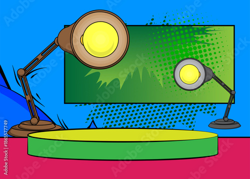 Comic Book Product podium stage for mockup presentation with Office lamp. Retro comics background.