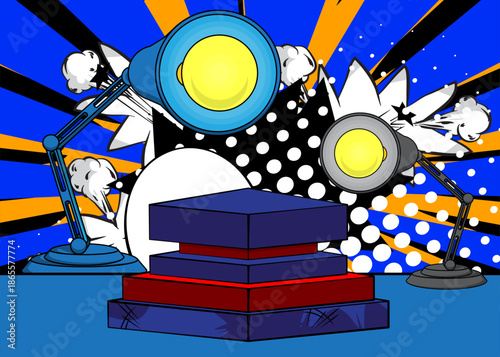 Comic Book Product podium stage for mockup presentation with Office lamp. Retro comics background.