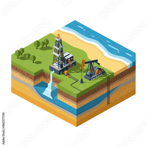 Isometric cross-section showing land and offshore oil drilling operations with a waterfall and geological layers.