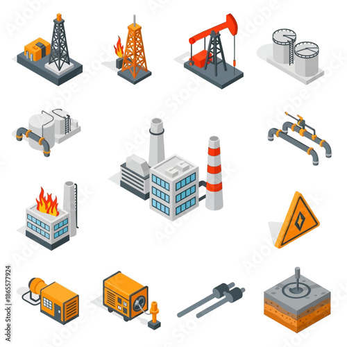 Isometric icons of oil and gas industry equipment and facilities, including rigs, refineries, tanks, and pipelines.