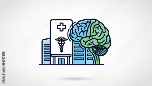 Brain Health Hospital Illustration with Medical Cross and Rod of Asclepius Symbol