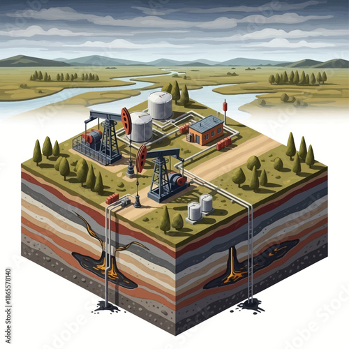Oil extraction site with drilling rigs and infrastructure on layered earth.
