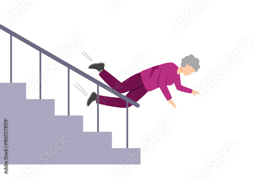 Senior female slip on stairs falling down on the ground. Old woman clumsiness, injury concept on white background vector illustration.