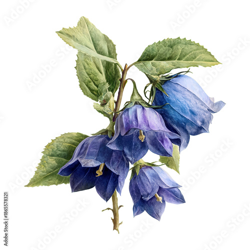 Botanical illustration of blue bellflowers with green leaves, detailed vintage floral artwork, isolated with transparent background