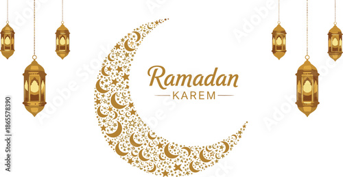 Luxurious golden Ramadan Kareem greeting featuring a patterned crescent moon with hanging lanterns and elegant typography on white.