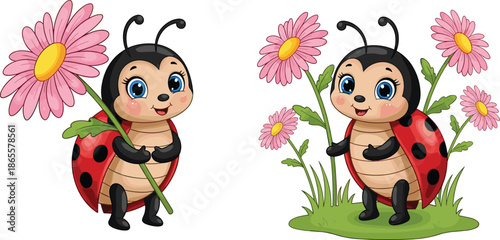 Cute ladybug cartoon illustration, smiling insect character with pink flowers, children design, spring nature concept, colorful vector artwork
