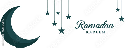 Minimalist dark teal Ramadan Kareem vector featuring a solid crescent moon hanging stars and elegant script typographic greeting.