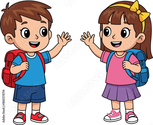 cute school kids greeting, boy and girl with backpacks, friendship concept illustration, happy children waving, education cartoon characters