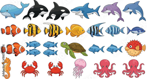Cute sea animals cartoon set with fish whale shark dolphin turtle crab octopus jellyfish illustration, marine life collection, isolated white background vector
