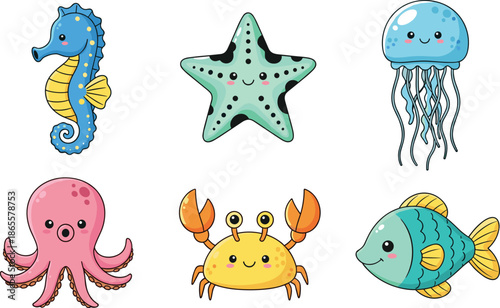 cute sea animals cartoon set, ocean creatures illustration, kawaii marine life icons, kids friendly underwater characters, colorful vector