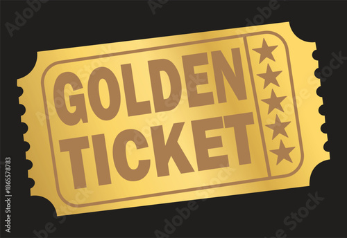A golden ticket with the words "GOLDEN TICKET" and four stars on a black background.