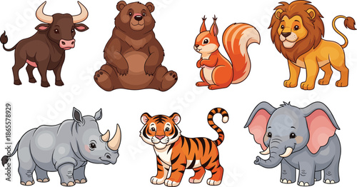 Cute wild animals cartoon illustration set, lion tiger elephant bear rhino squirrel bull characters, kids education, colorful flat vector