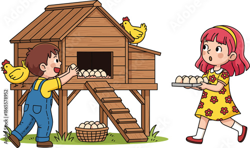 Cute, cartoon, children, collecting, eggs, at, chicken, coop, on, farm, with, hens, basket, rural, countryside, illustration, vector, farming, activity, scene