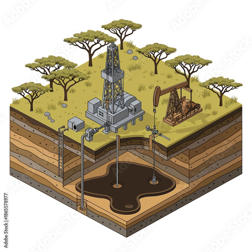Isometric illustration of an oil rig and pumpjack extracting crude oil from underground reservoir.