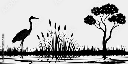 A serene black and white illustration of a heron in a wetland landscape