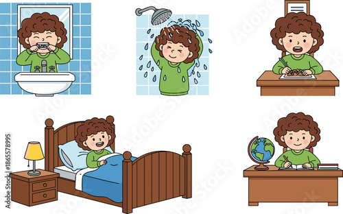 daily routine activities of kid cartoon character brushing teeth showering studying eating sleeping education lifestyle vector illustration set
