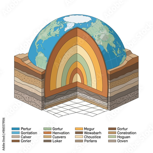 Detailed cutaway diagram illustrating Earth's internal layers and external geological strata.