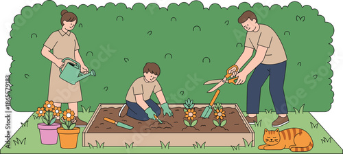 Family gardening together in backyard, parents and child planting flowers, home gardening activity, teamwork, nature care, eco lifestyle, cartoon illustration