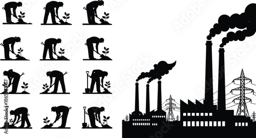 Environmental pollution contrast illustration, farmer planting trees versus industrial factory smoke, climate change ecology concept, black silhouette vector
